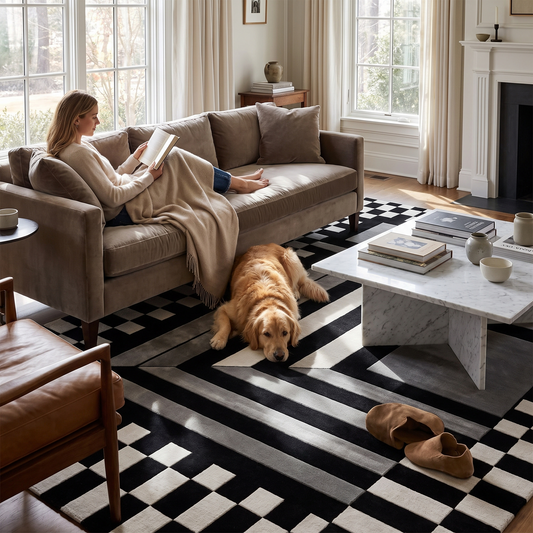 Checkerboard Velvet Area Rug lifestyle